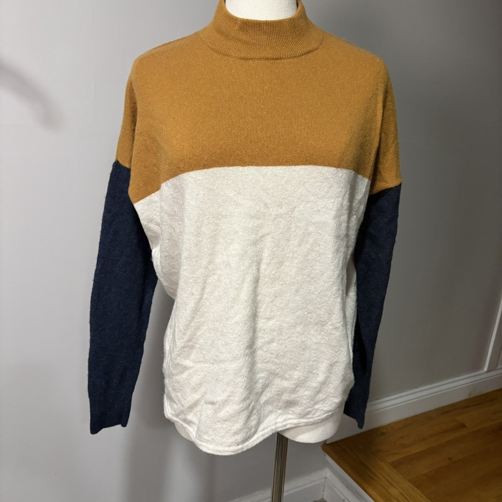Madewell Mock Neck Wool Blend Sweater Womens Sz M Color block Mustard Cream Navy